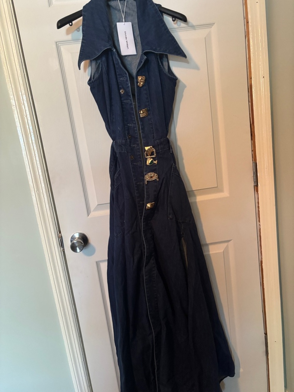 Sleeveless Denim Cutout Maxi Dress in Blue - Picture 6 of 7